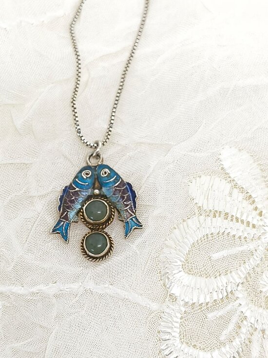 925 Sterling Silver Jewelry - Sterling Silver Kissing Koi Pendant with Blue Cloisonné Enamel & 925 Box Chain